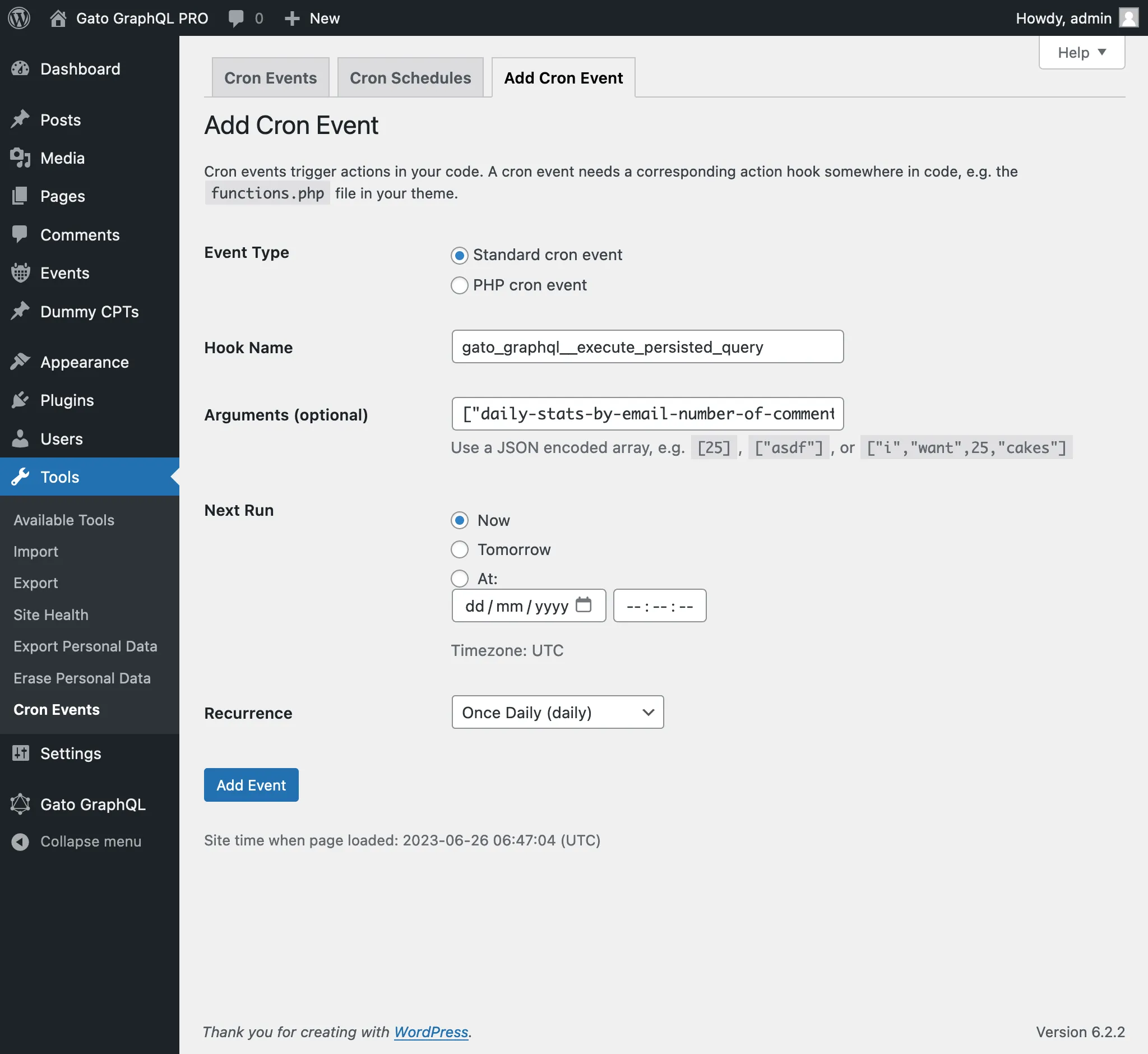 Nowy wpis w WP-Crontrol