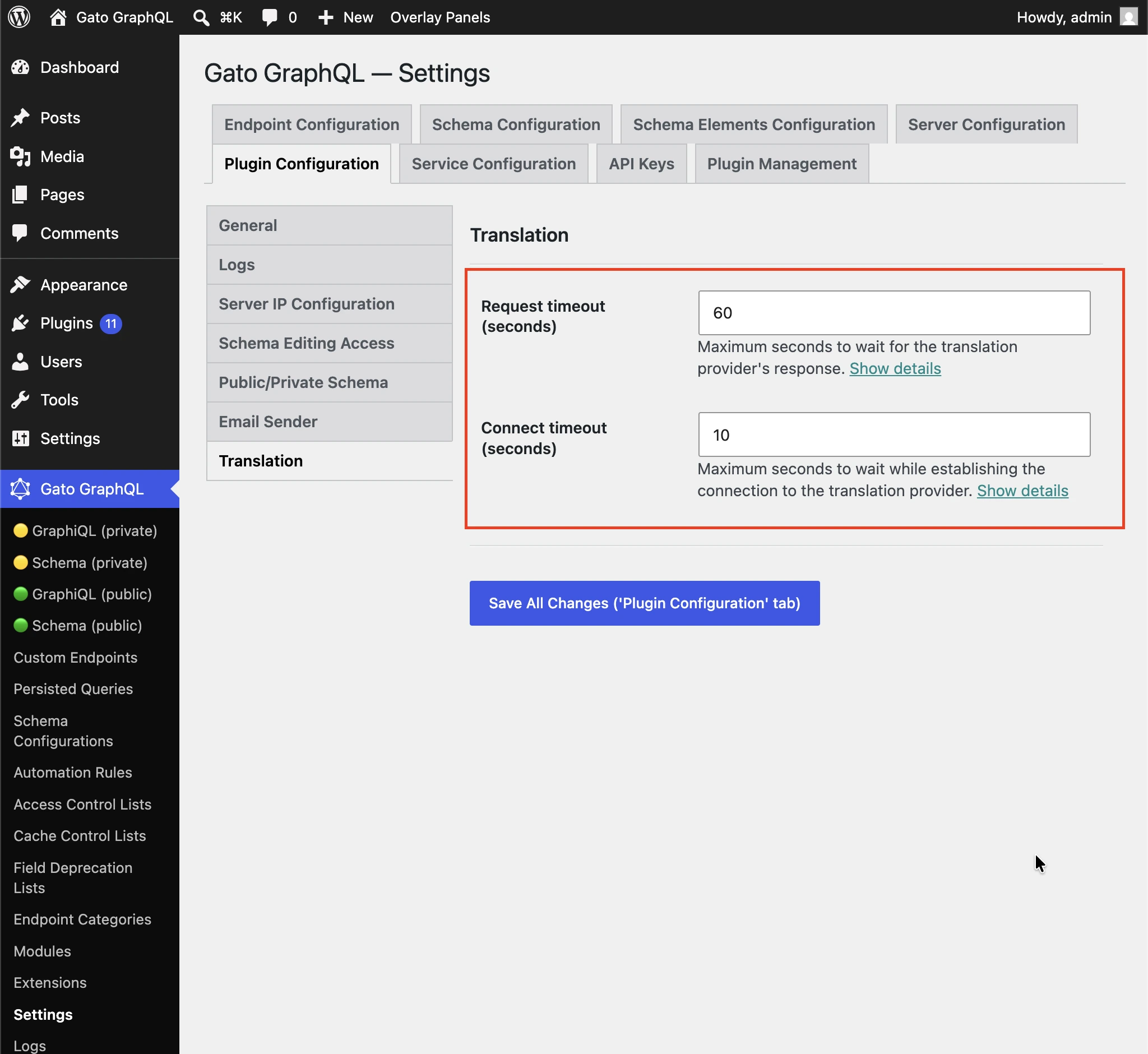 Ustawianie limitu czasu Request i Connection dla tłumaczeń