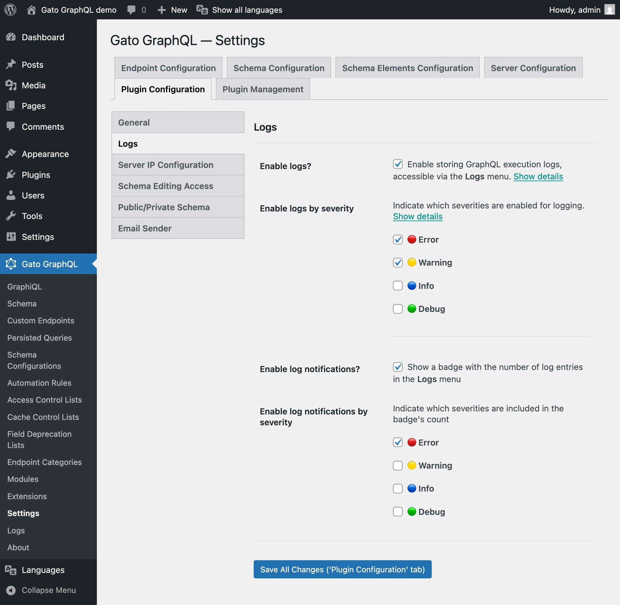Ustawienia Logs & Notifications
