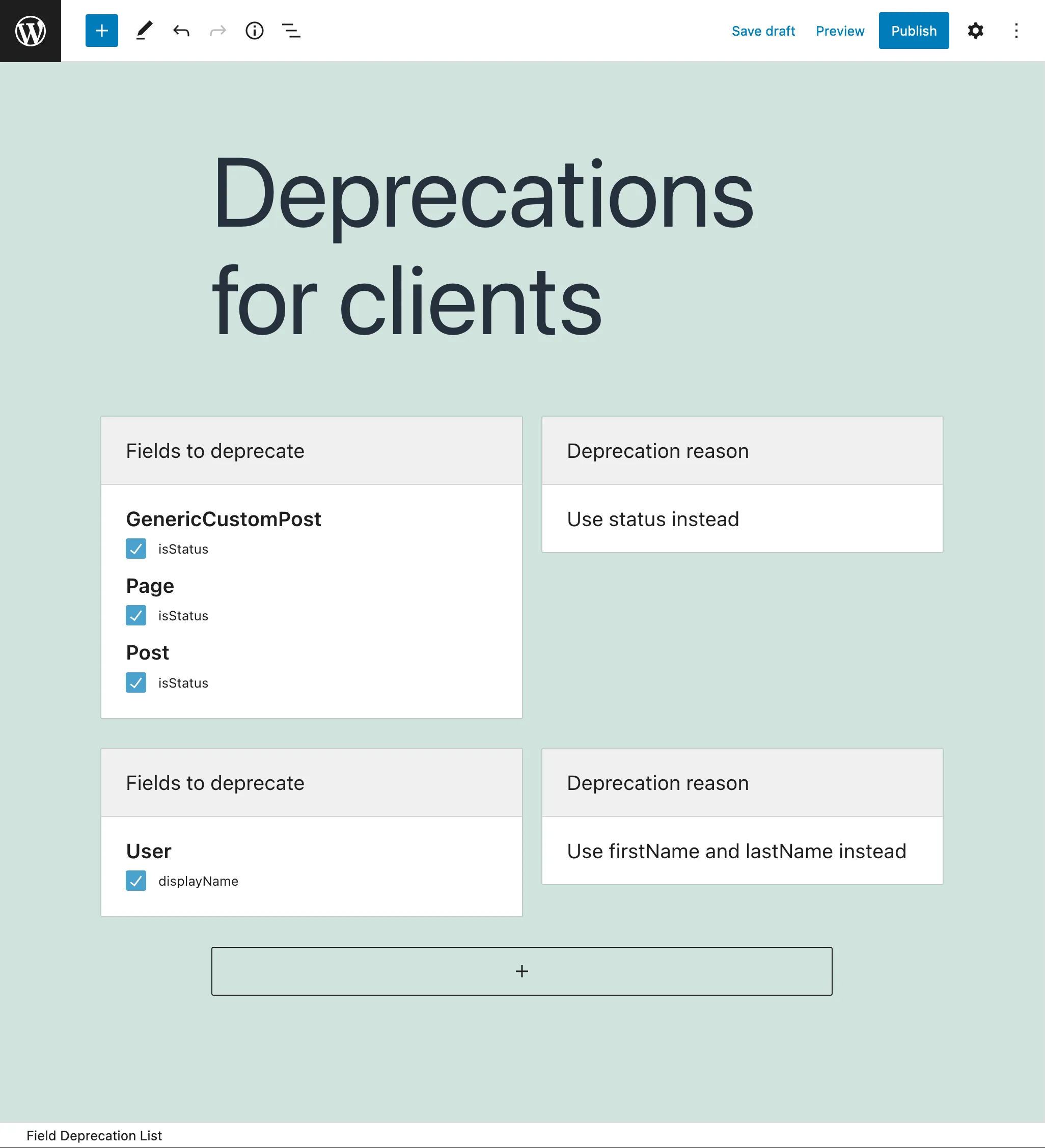 Tworzenie Field Deprecation List Tworzenie Field Deprecation List