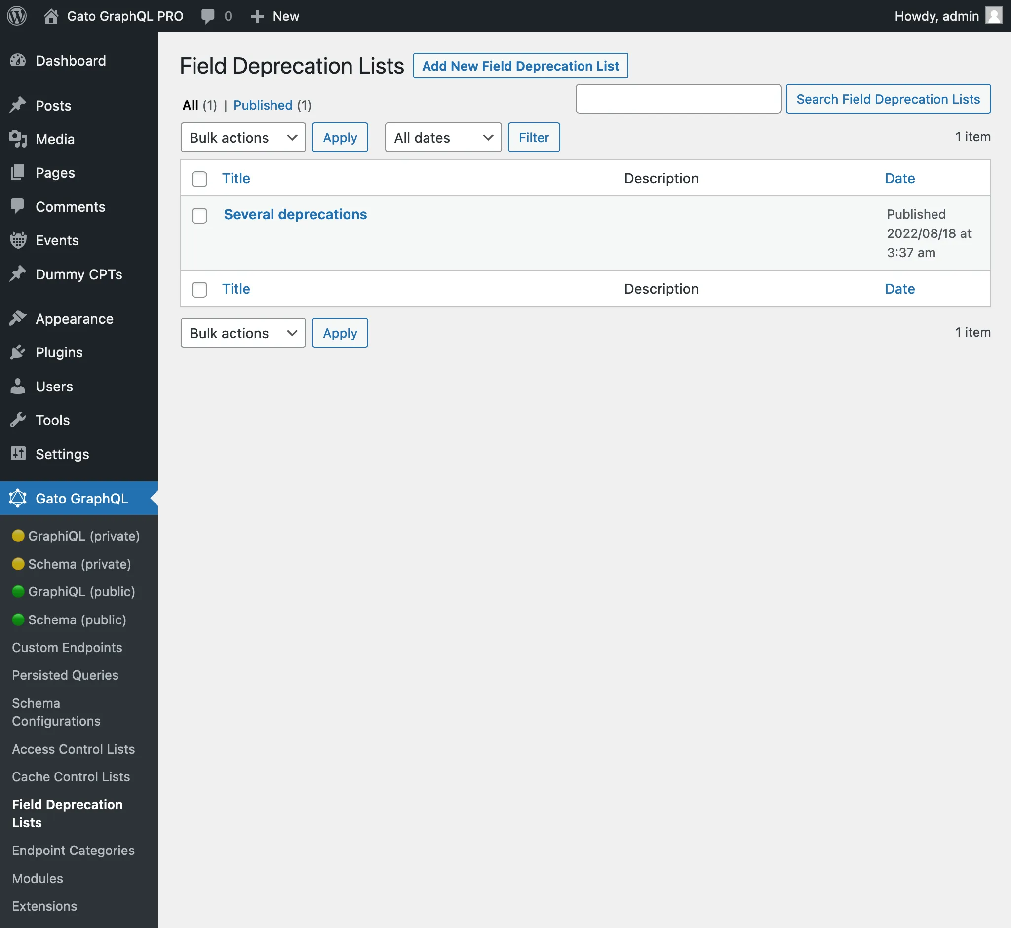 Field Deprecation Lists w panelu administracyjnym