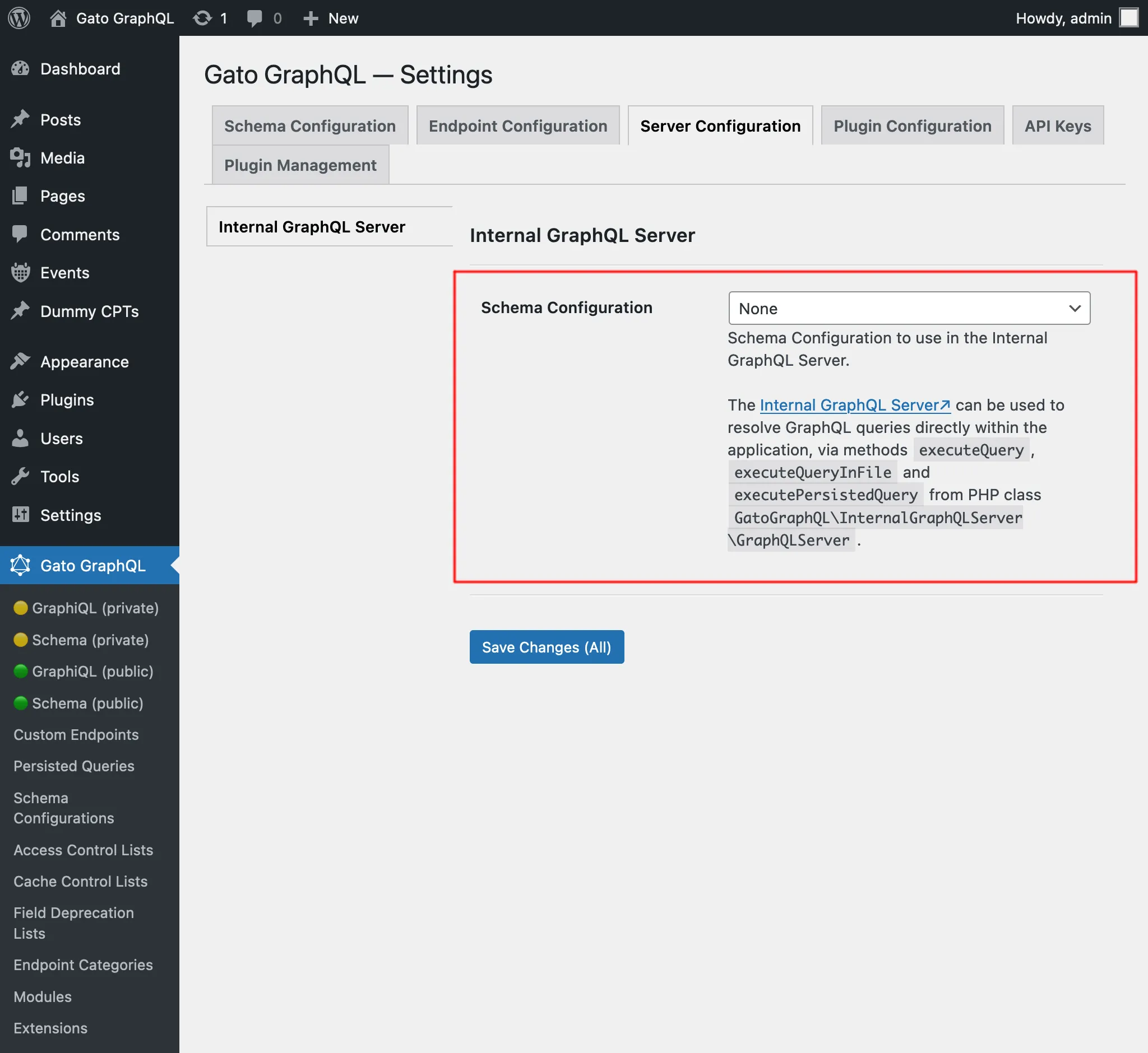Konfiguracja schematu dla Internal GraphQL Server w Ustawieniach
