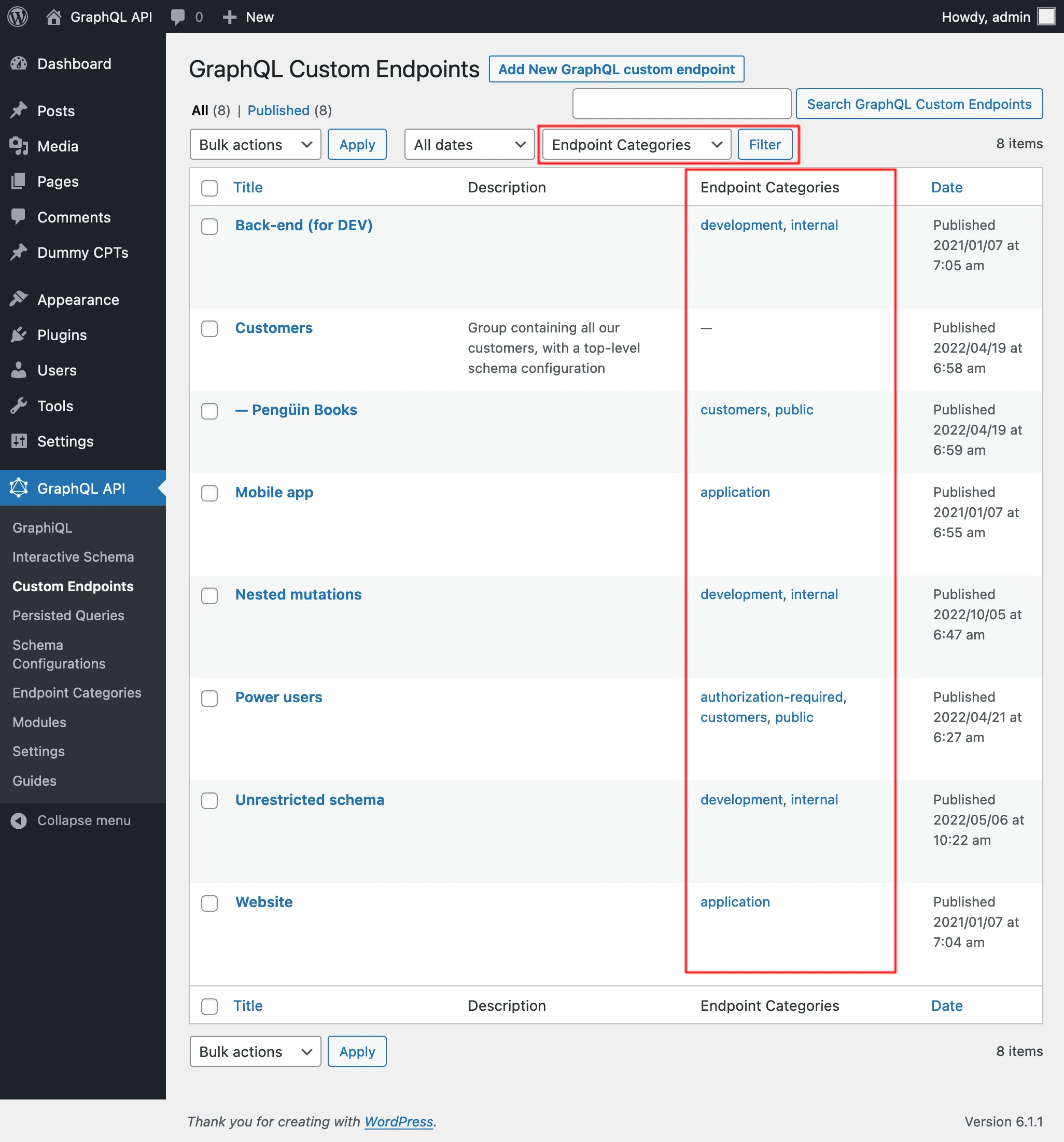 Lista Custom Endpoints z ich kategoriami Lista Custom Endpoints z ich kategoriami