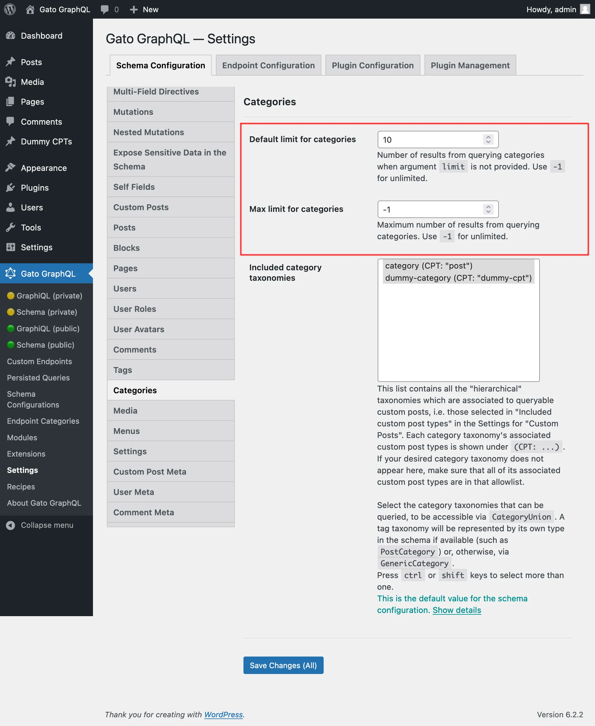 Ustawienia limitów Category