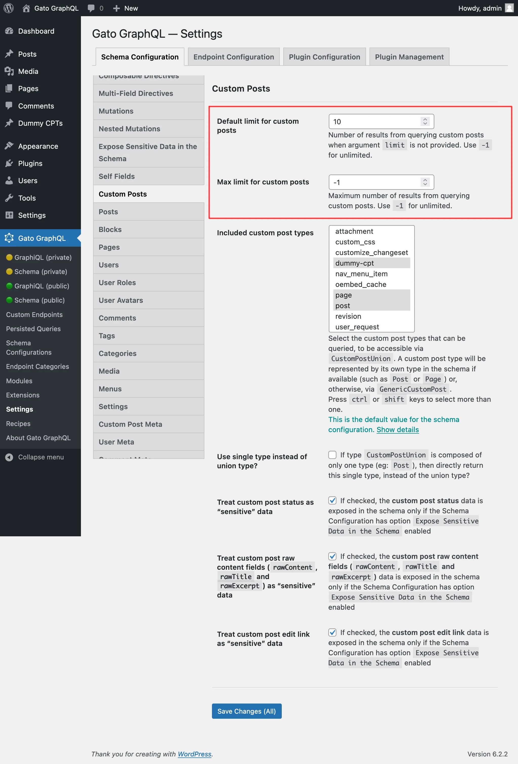Ustawienia limitów Custom Post