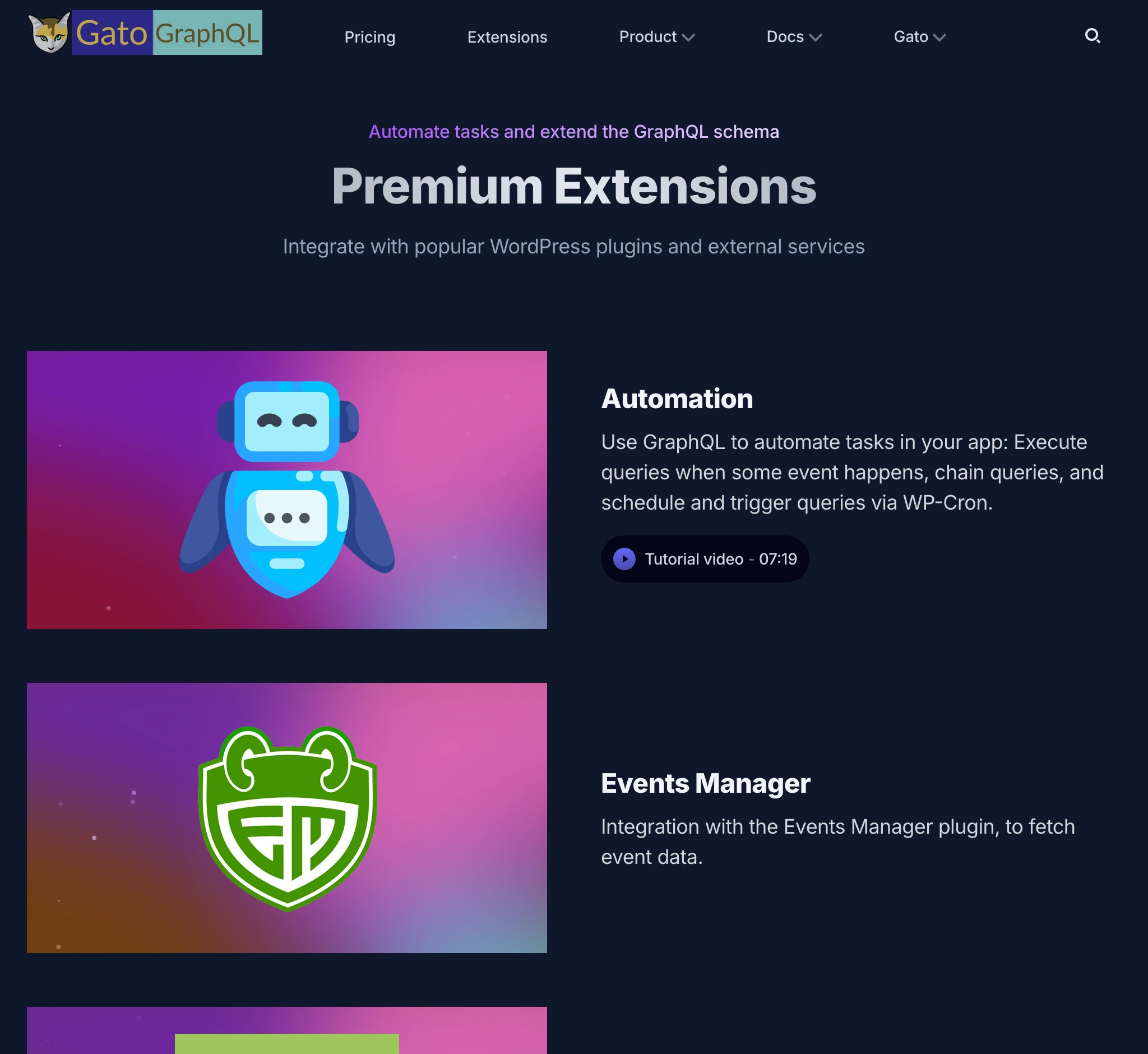 Sekcja rozszerzeń na gatographql.com