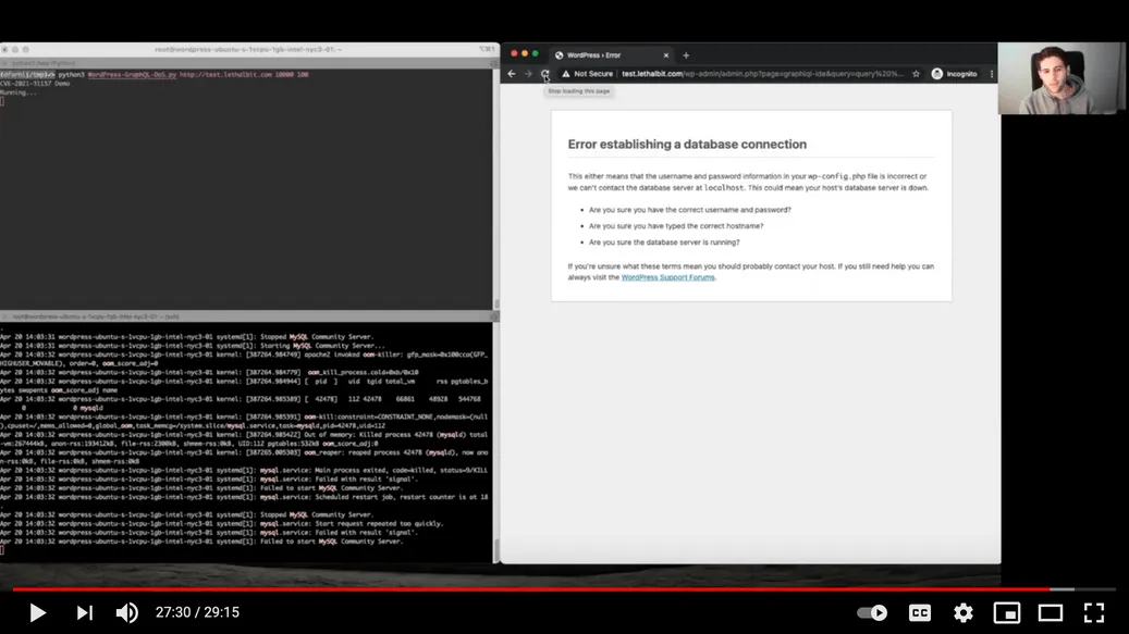 Atakowanie endpointu GraphQL w celu obalenia strony WordPress. Zrzut ekranu z prezentacji Doleva Farhiego Atakowanie endpointu GraphQL w celu obalenia strony WordPress. Zrzut ekranu z prezentacji Doleva Farhiego
