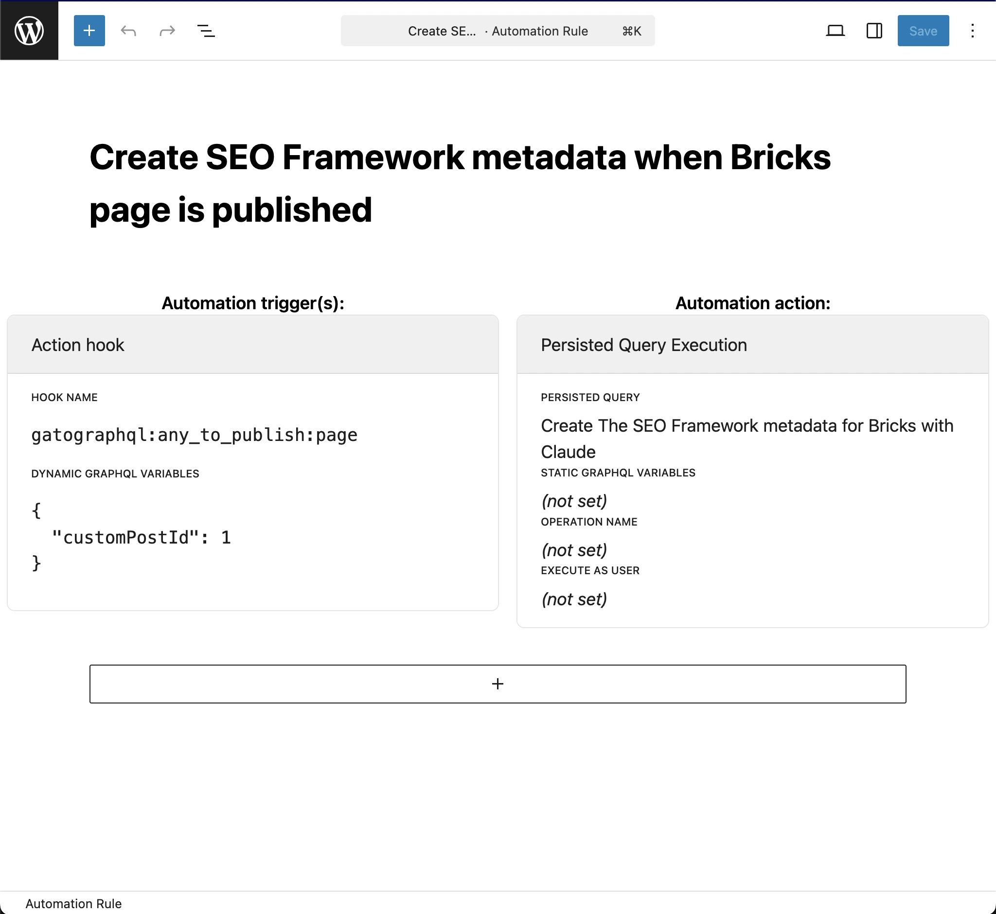 Reguła Automation dla tworzenia metadanych The SEO Framework dla Bricks z Claude
