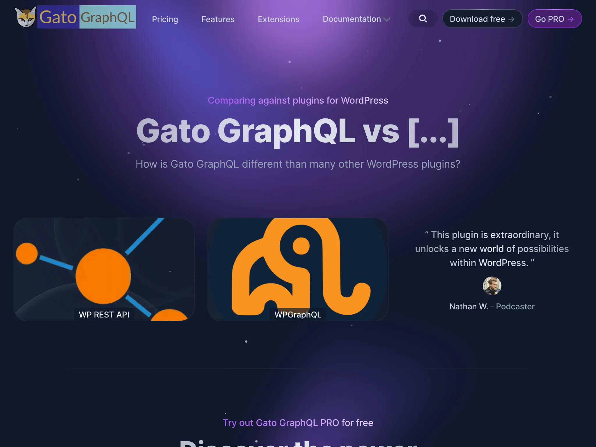Strona Porównań na nowej stronie Gato GraphQL