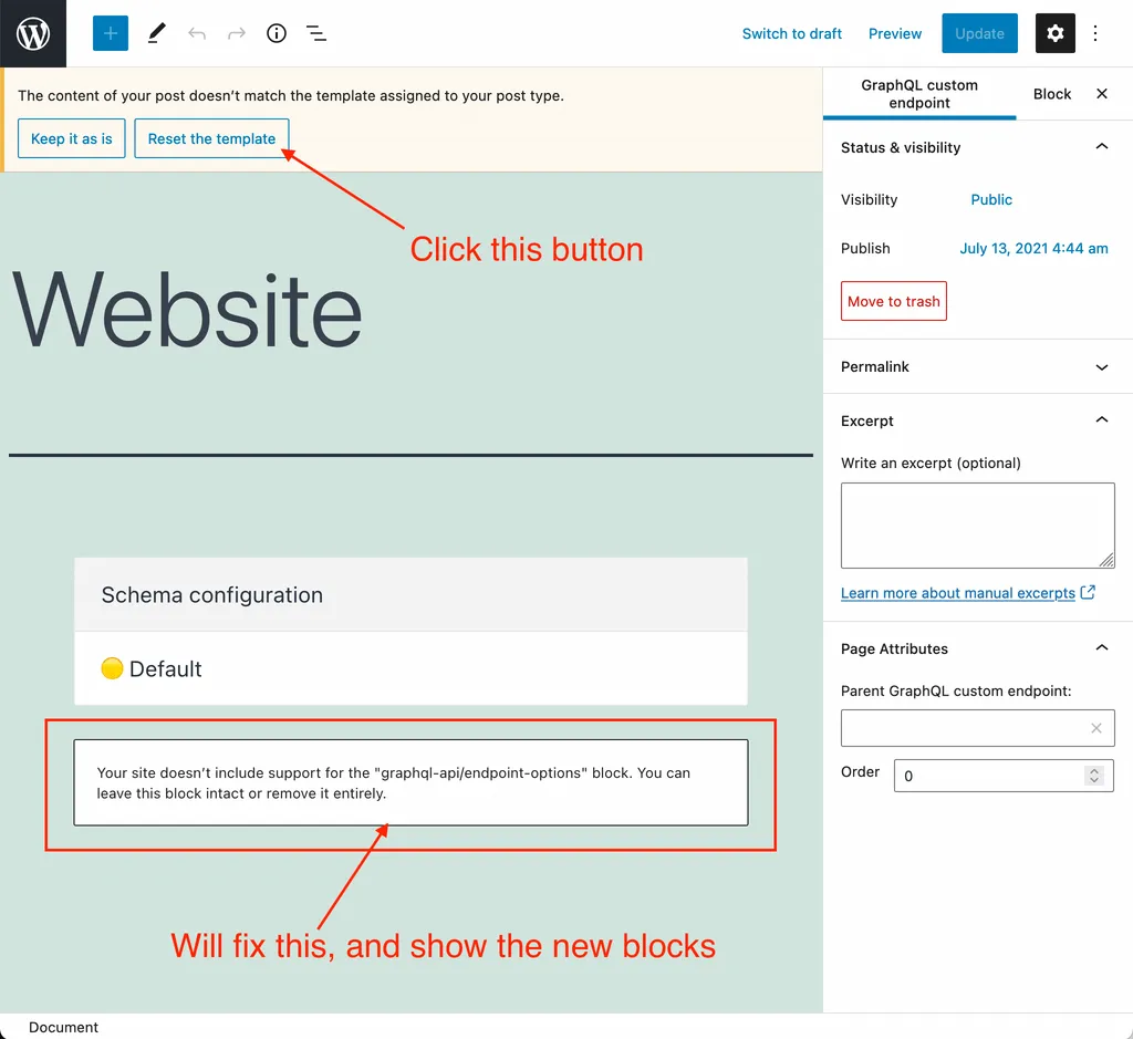 Reset the template w edytorze WordPress Reset the template w edytorze WordPress